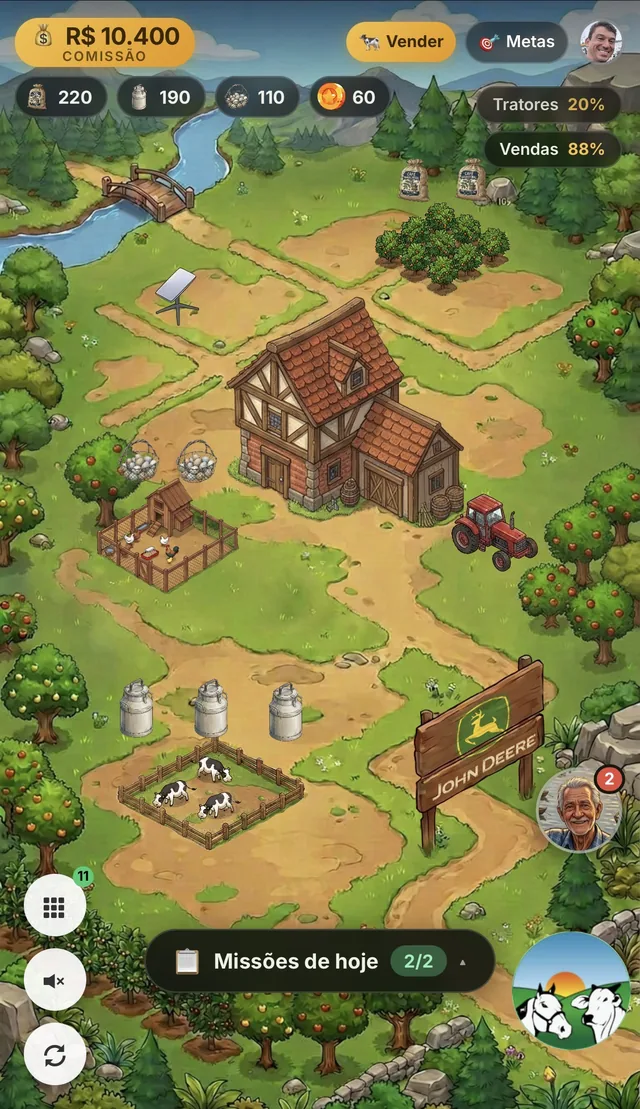 Cadumi main screen: the salesperson's farm with commission, resources and sales goals